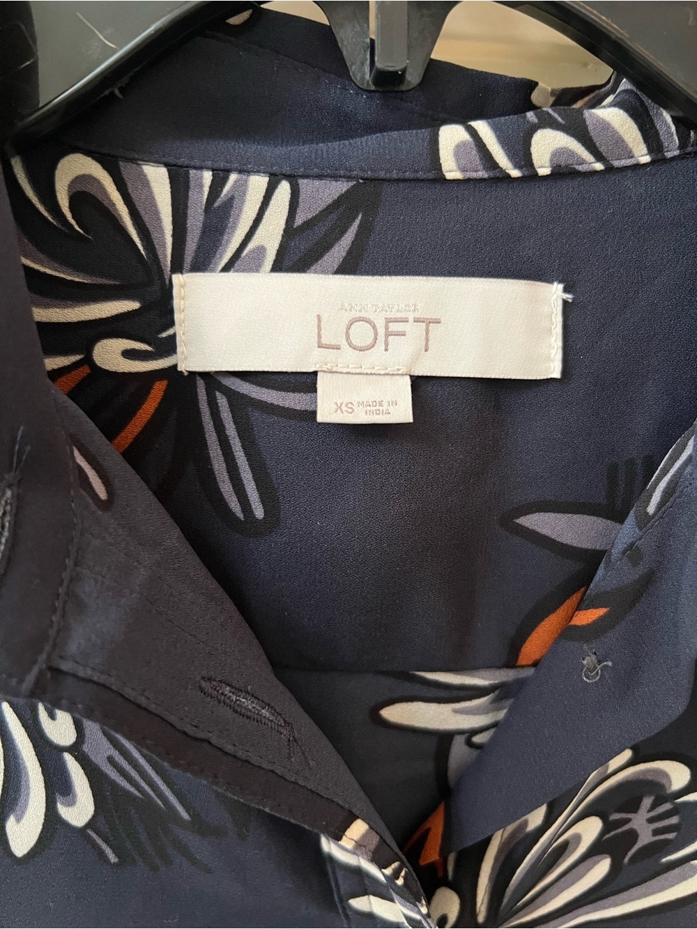 LOFT Navy Floral Button-Down Blouse with White and Orange Accents